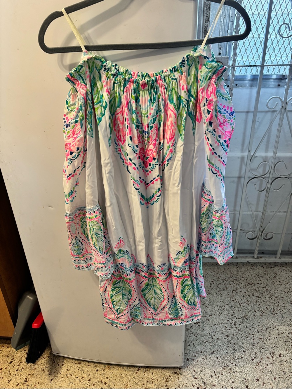 Lilly Pulitzer Nevie off-the-shoulder dress in the Coconut Coast medium